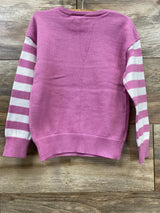 Pink kids sweater with white striped sleeves, cozy knit for children's wear