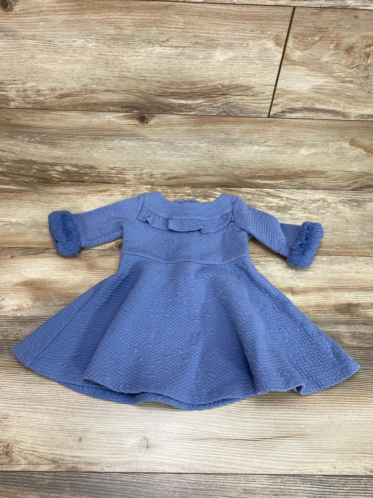 Janie & Jack Country Blue Floral Jacquard Faux Fur Cuff Dress sz 18-24m