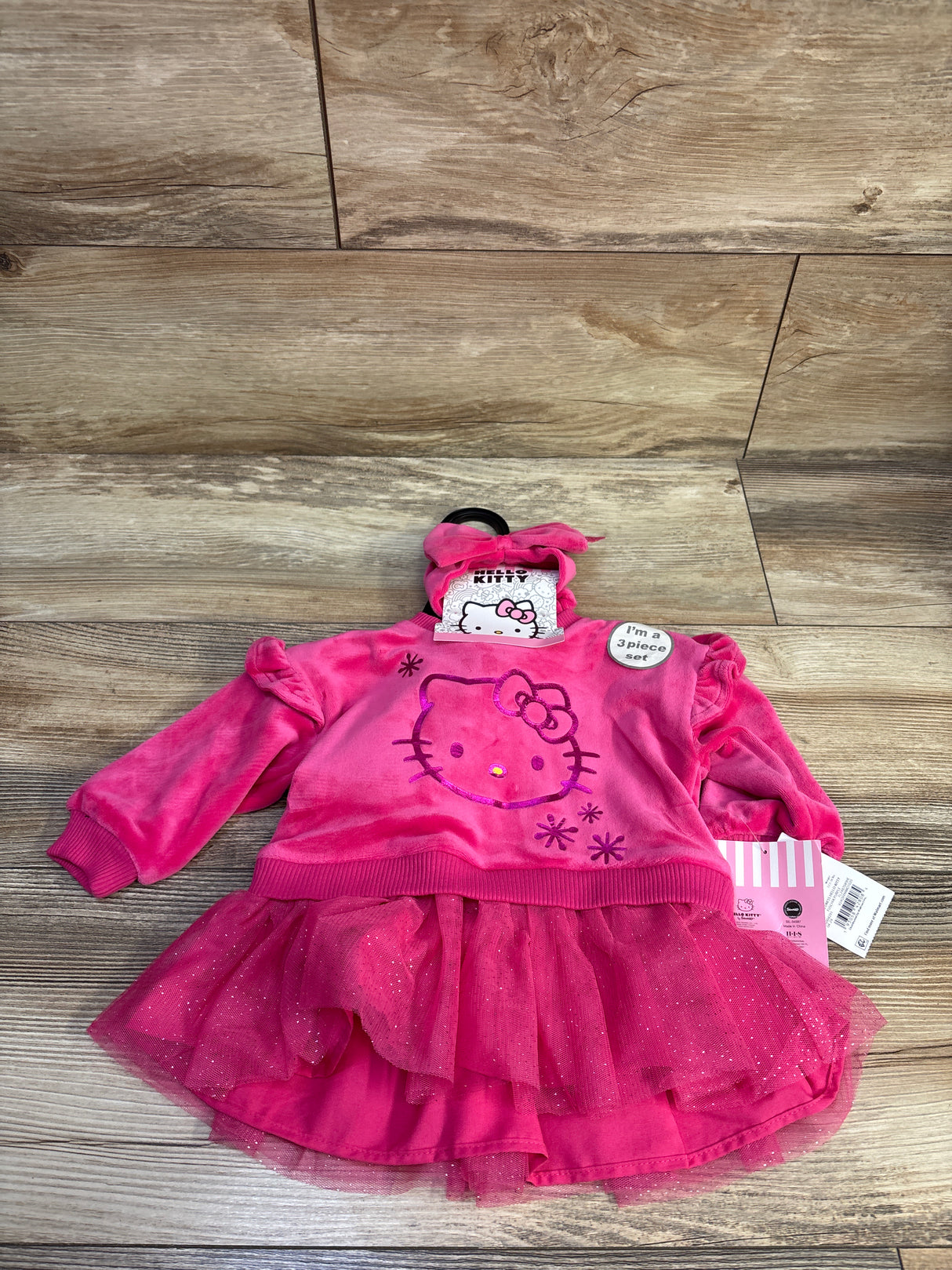 NEW Hello Kitty 3pc Velvet Tulle Sweatshirt Dress, Headband, & Tights Pink sz 3/6m