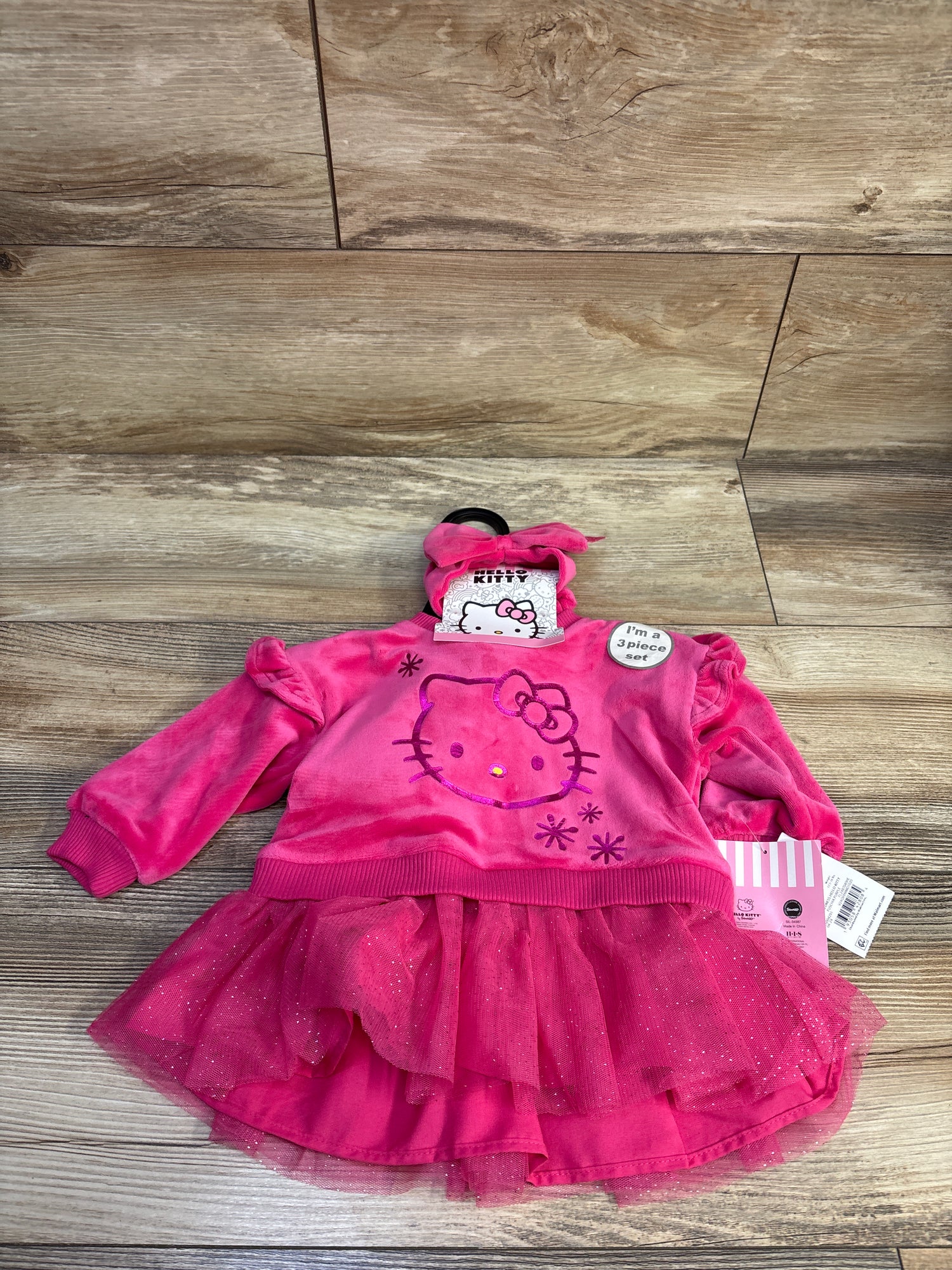 NEW Hello Kitty 3pc Velvet Tulle Sweatshirt Dress, Headband, & Tights Pink sz 3/6m