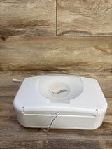 Front view of Munchkin wipe warmer white showing top flip lid with leaf logo and power cord on wood background