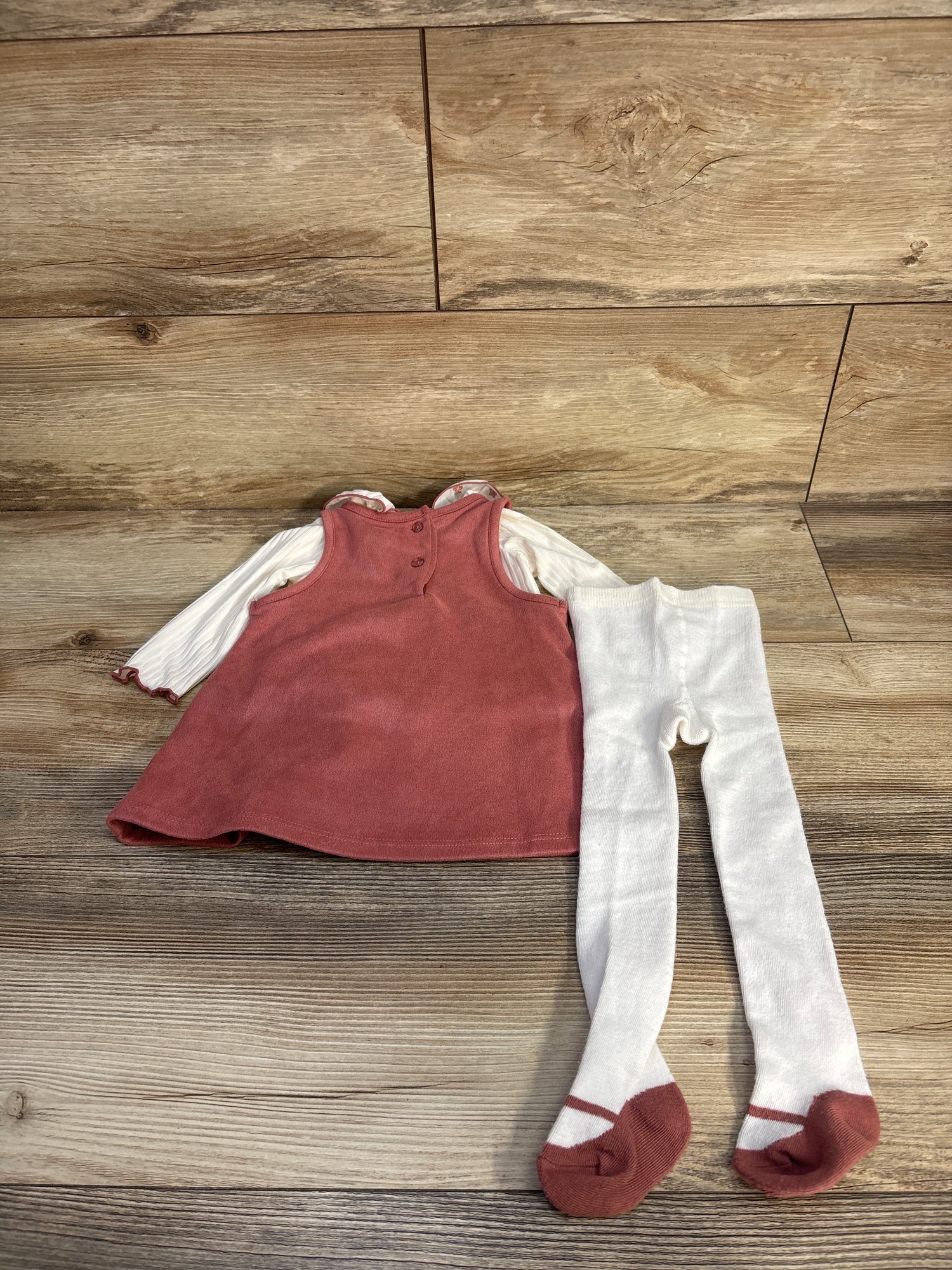 Tahari 3pc Collared Shirt, Dress, & Tights Set White sz 3/6m