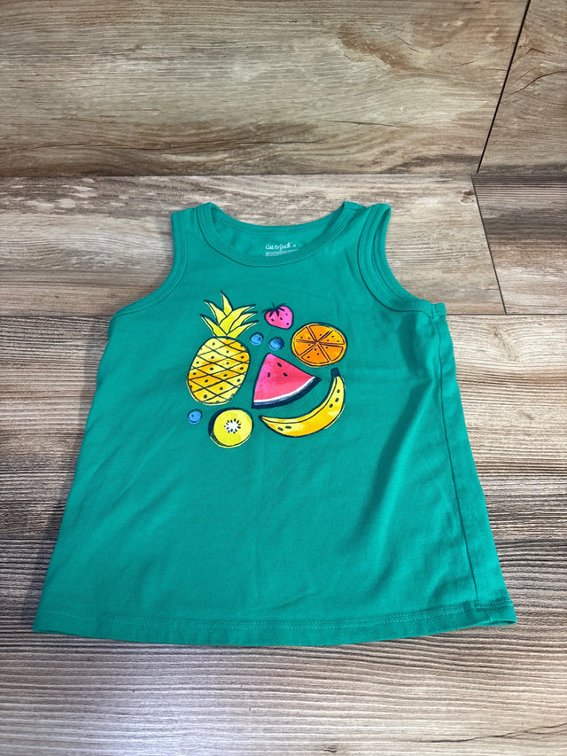 Front flat lay of green Cat & Jack toddler tank top showcasing colorful fruit graphic print on wood plank background