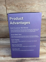 Front of Kumikimi 12-in-1 bottle warmer box showing Product Advantages headline and feature list on a wood background