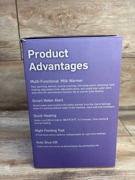 Front of Kumikimi 12-in-1 bottle warmer box showing Product Advantages headline and feature list on a wood background