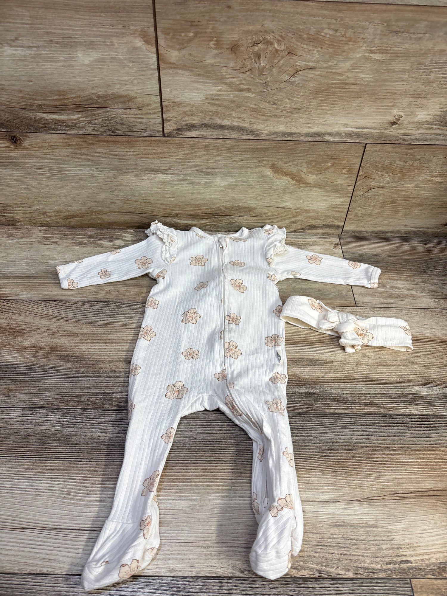 Rabbit + Bear Organic 2pc Ribbed Sleeper & Headband Beige sz 6-9m