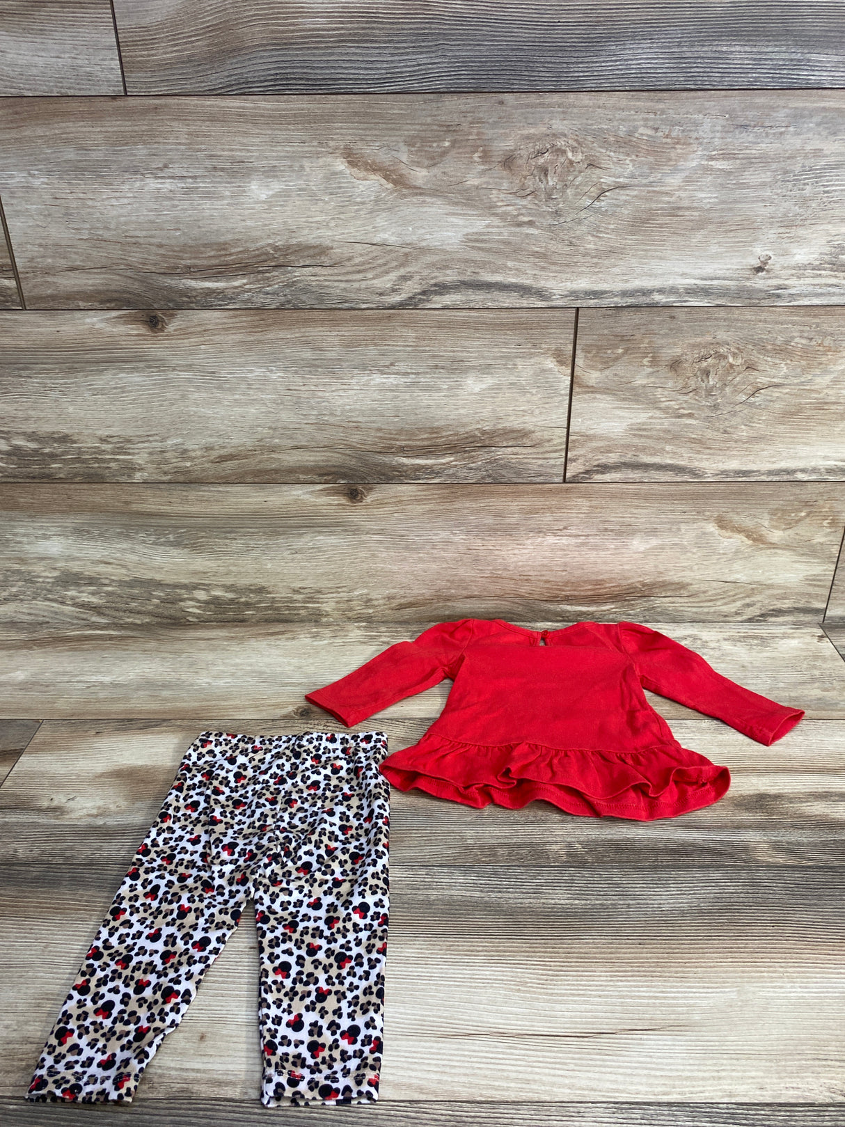 Disney Baby 2pc Minnie Mouse Cute But Wild Peplum Shirt & Bottoms Set Red sz 6-9m