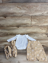 3pc Ribbed Bodysuit & Floral Muslin Bottoms Set White sz 0-3m