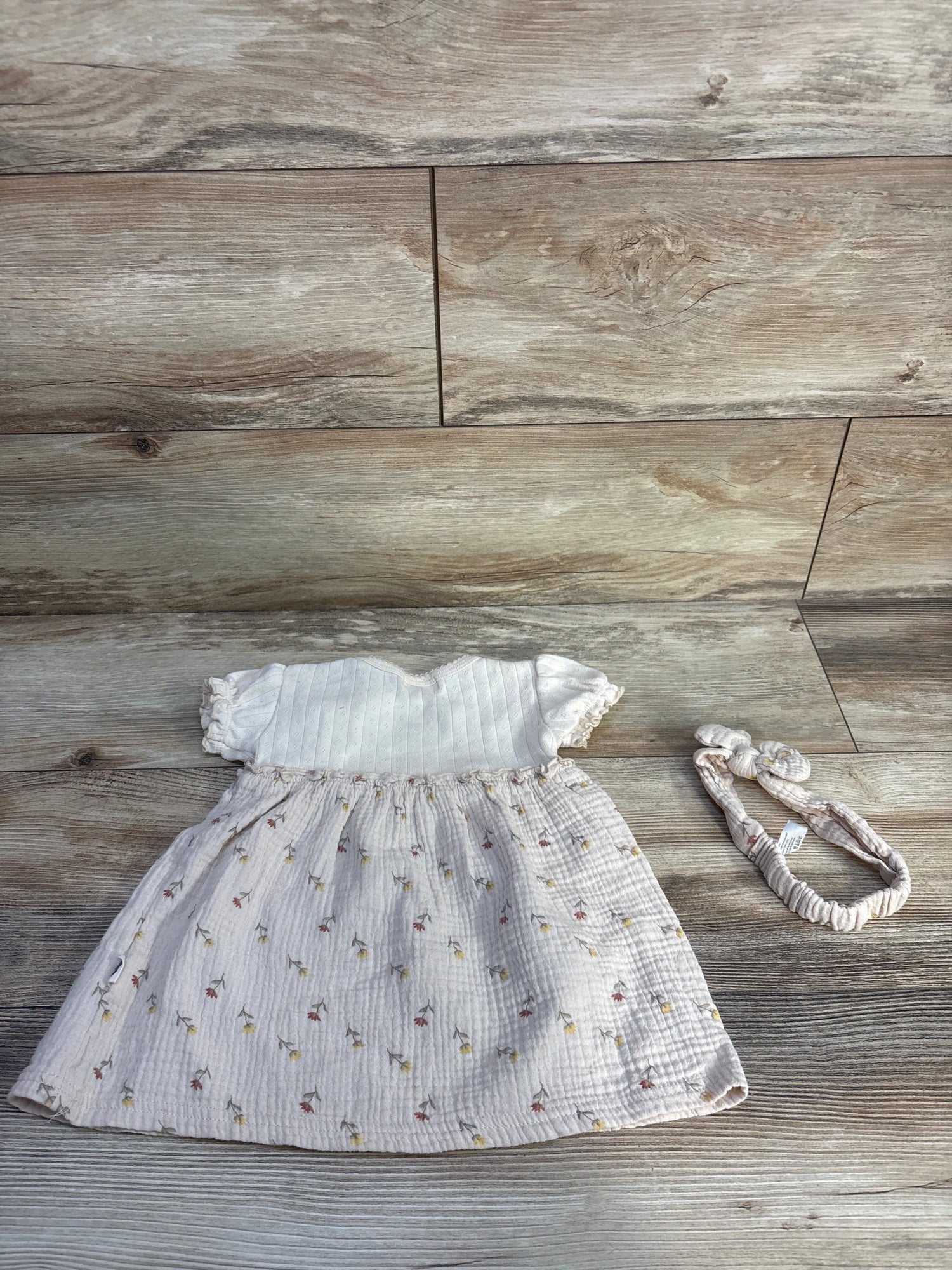 Rabbit + Bear Organic 2pc Gauze Embroidered Dress & Headband Set Beige sz 12m