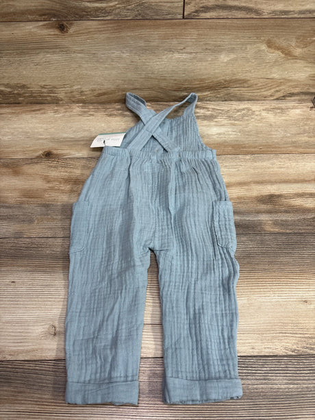 Front view of blue Little Planet organic cotton gauze henley overalls with crossed straps and side pockets on wood grain