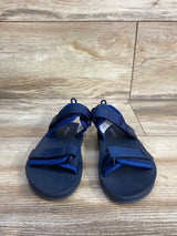 Front view of Old Navy navy double-strap toddler sandals size 8C showing adjustable Velcro straps on wood floor