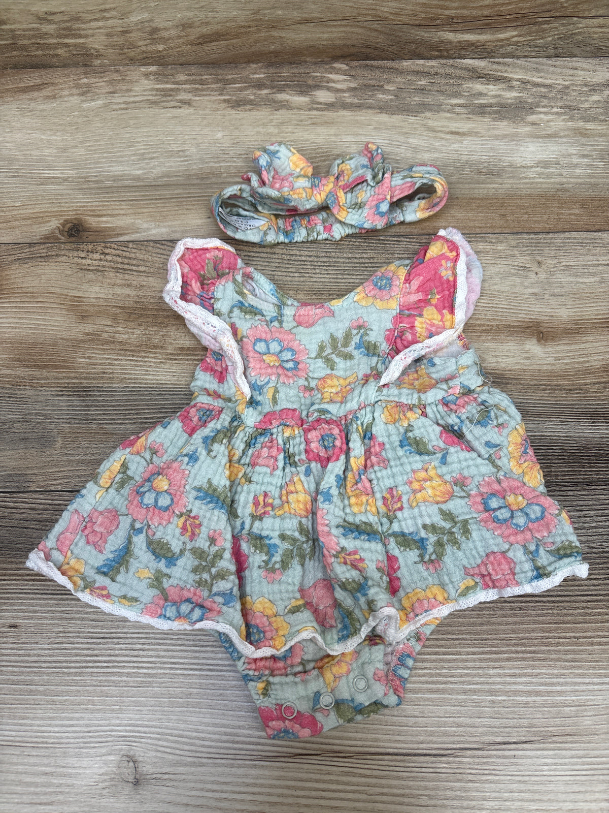 Chick Pea Organic 2pc Gauze Bodysuit Dress & Headband Set Blue sz 0-3m