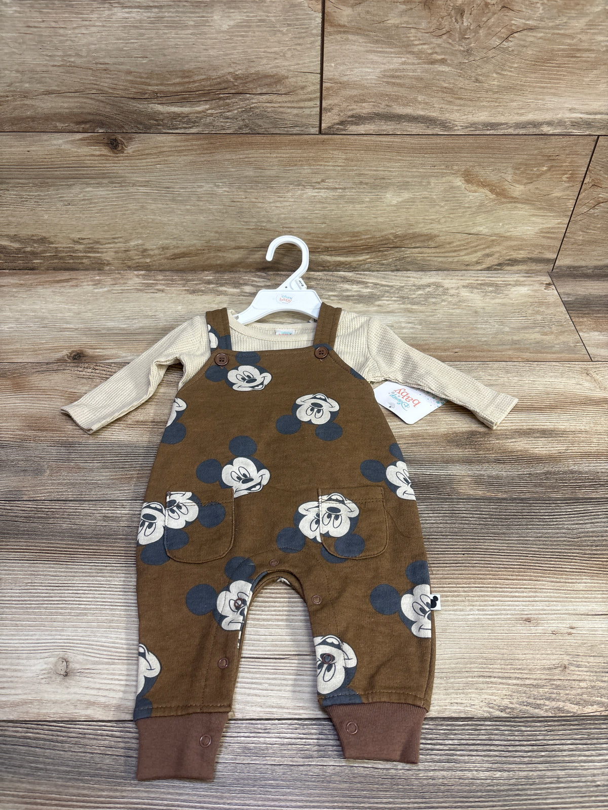 NEW Disney Baby 2pc Mickey Mouse Overalls Set Beige sz 0/3m