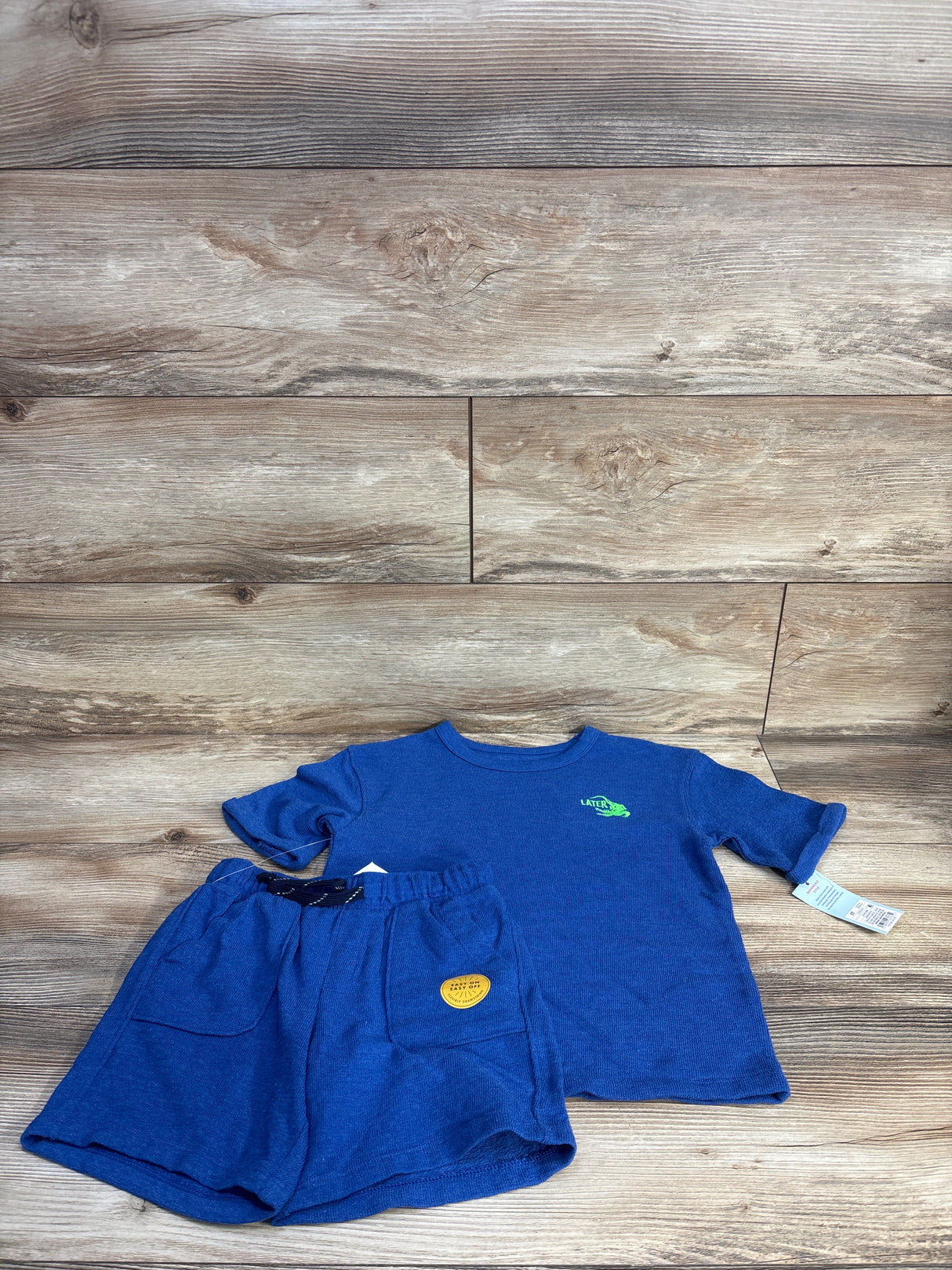 Flat-lay of blue Cat and Jack shirt and shorts set showing LATER gator logo and elastic waist on wood background