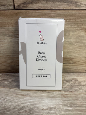 Front view of Eli with Love baby closet dividers box showing Baby Closet Dividers text, Neutral label and elephant logo on wood background