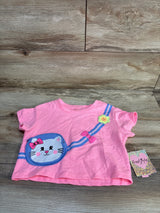 Pink kids t-shirt with cute cat design, blue stripes, and flower bow, perfect for toddler fashion.