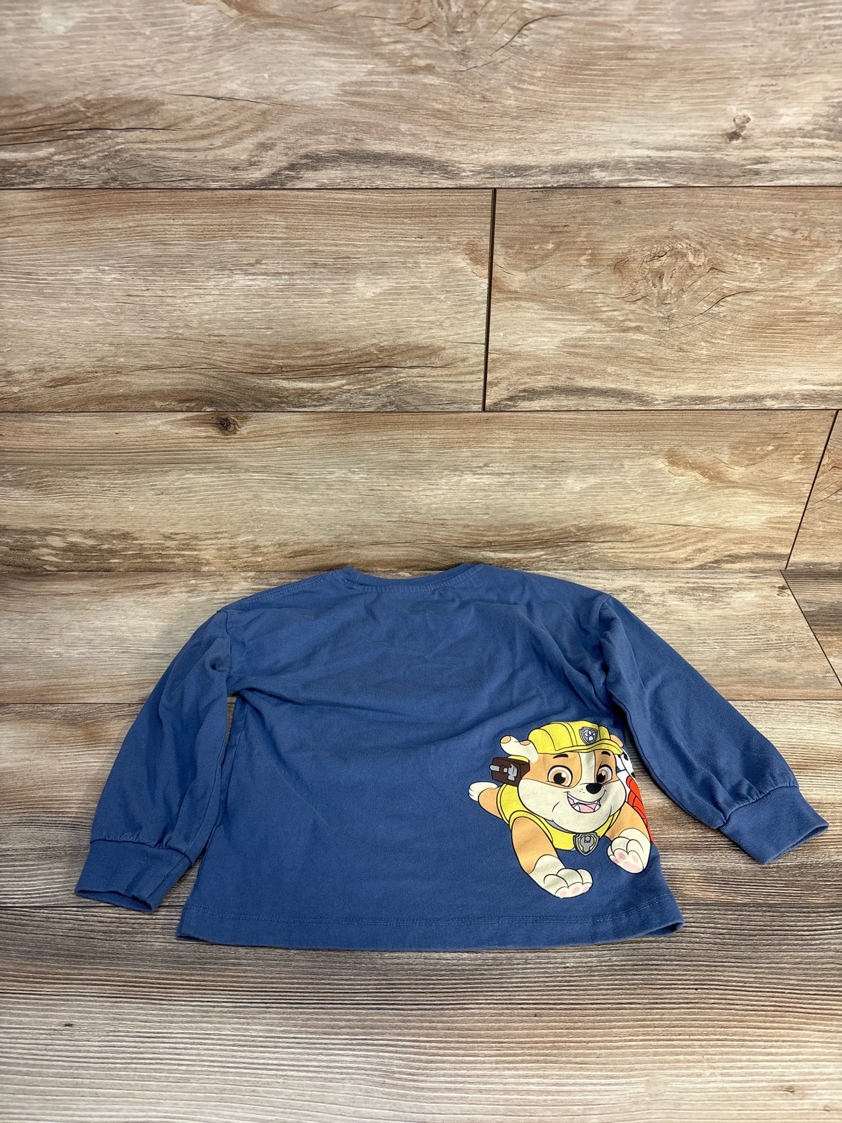 Blue long sleeve toddler shirt with cartoon puppy graphic on back, laid on wood floor
