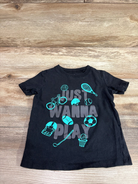 Black Carter's toddler t-shirt featuring 'Just Wanna Play' text and blue sports graphics