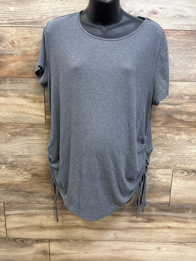 Front view of gray ribbed maternity shirt showcasing ruched side drawstrings on a black mannequin
