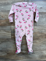 Back view flat lay of Carter's cherry-print blanket sleeper showcasing footed legs and long sleeves, pink size 18 months on wood floor
