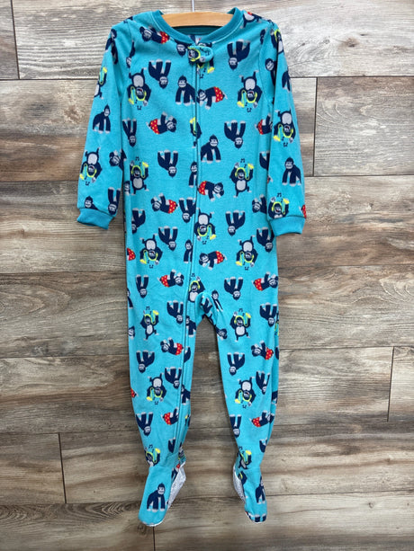 Blue fleece baby onesie with zipper and playful gorilla print for kids at children's resale store