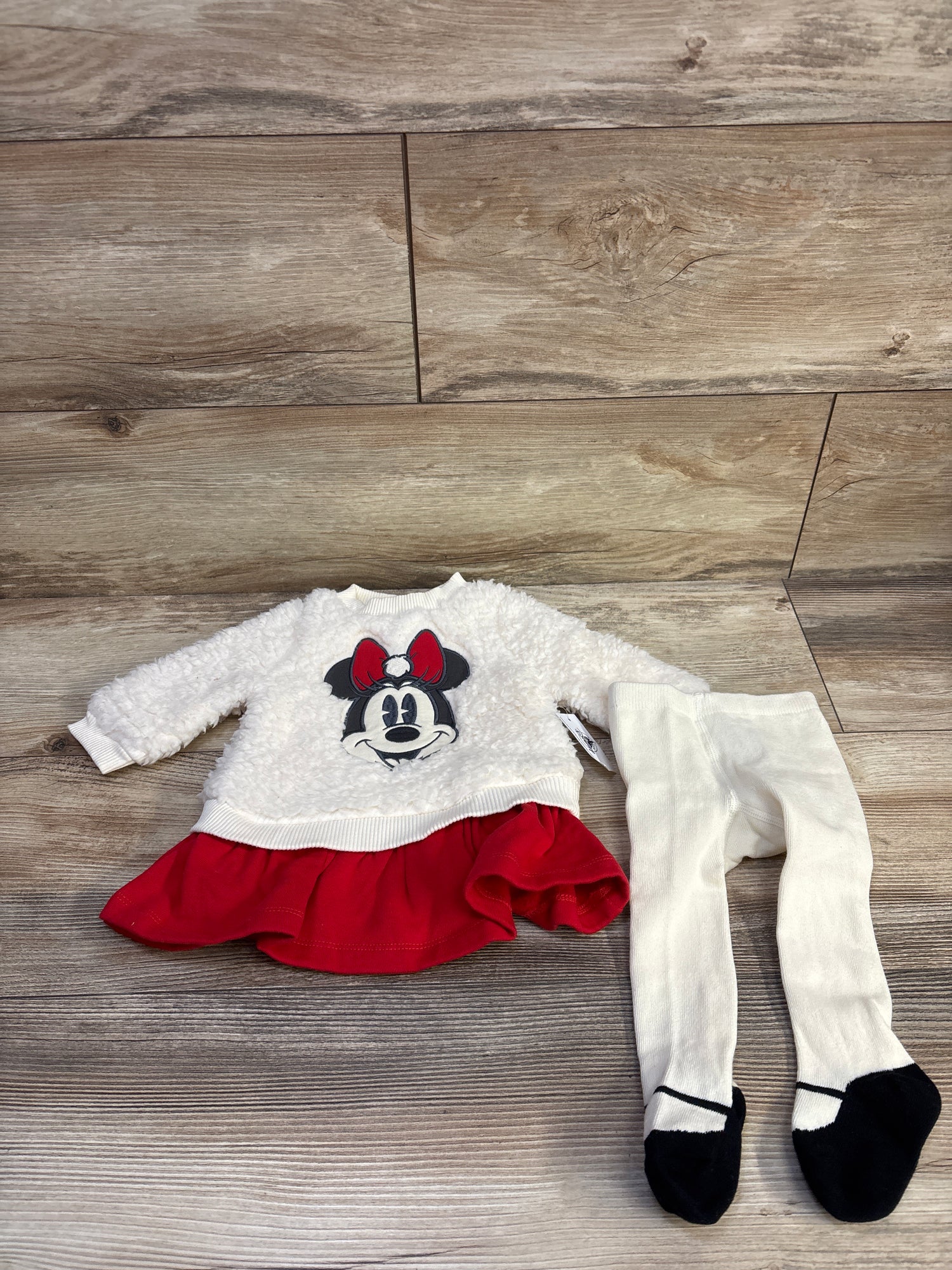 NEW Disney Store 2pc Minnie Mouse Sherpa Dress & Footed Tights Set White sz 3-6m