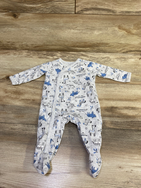 Grey Emporio Baby Sleeper, size 3-6m, shown flat with footed legs and animal print on a wooden floor