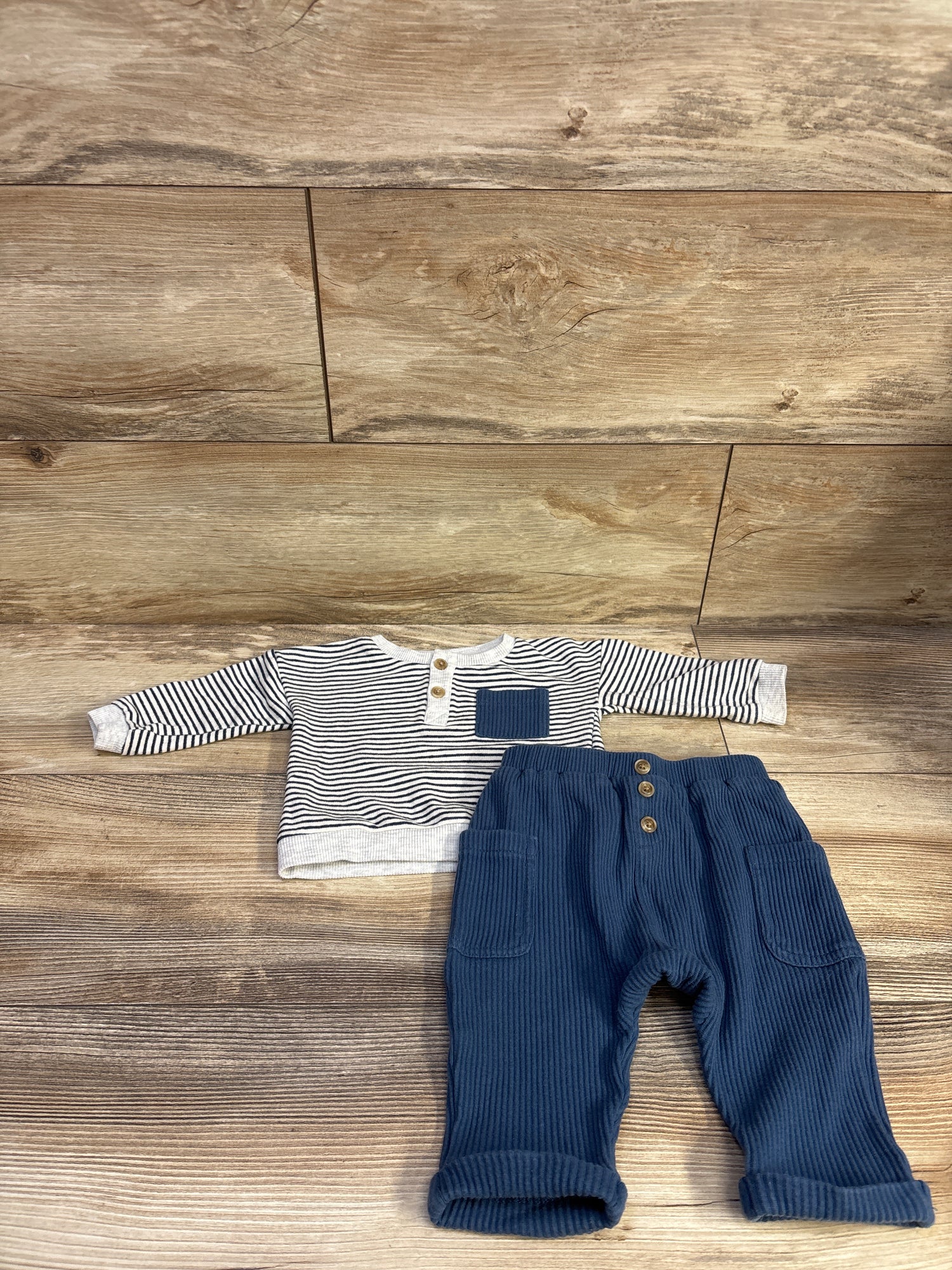 Miniclasix 2pc Striped Henley Shirt & Pants Set Grey sz 6-9m