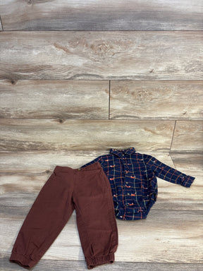 Boys' navy plaid long sleeve bodysuit with brown pants, kids resale outfit