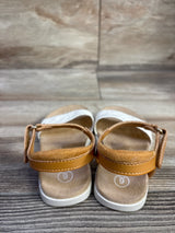 Rear view of Cat and Jack tan toddler sandals showing adjustable ankle straps and suede footbed with size 9 marking on wooden floor