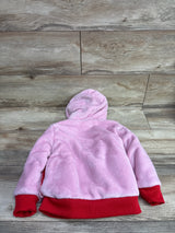 Back view of a pink Disney Junior Minnie Mouse sherpa plush zip-up jacket with red trim.