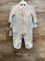 Front view of Little Me 2-pack ruffle footed sleepers, one floral and one blue-striped, showing ruffle trim and snap closures on wood floor
