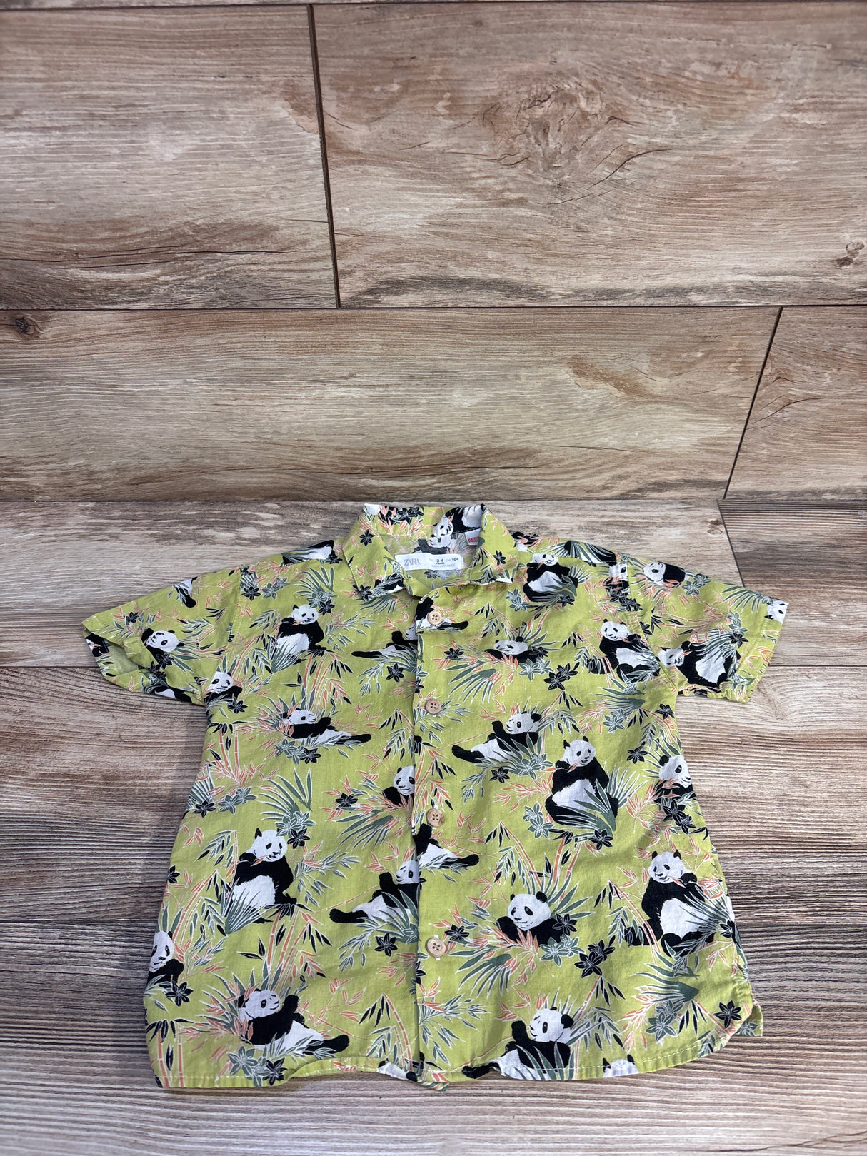 Zara Panda Print Button-Up Shirt Green sz 3-4T
