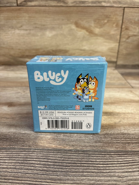 Back view of Bluey Little Library 4-piece board book set showing Bluey logo, character family art and barcode on wood floor