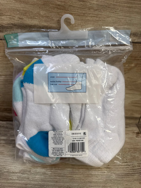 Front of Cat & Jack 10-pack ankle socks, white with multicolored toes, size S (5.5–8.5C) in clear plastic bag