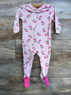 Front view of Carter's pink cherry-print blanket sleeper, 18 months, showing front zipper and footed faces on wood background