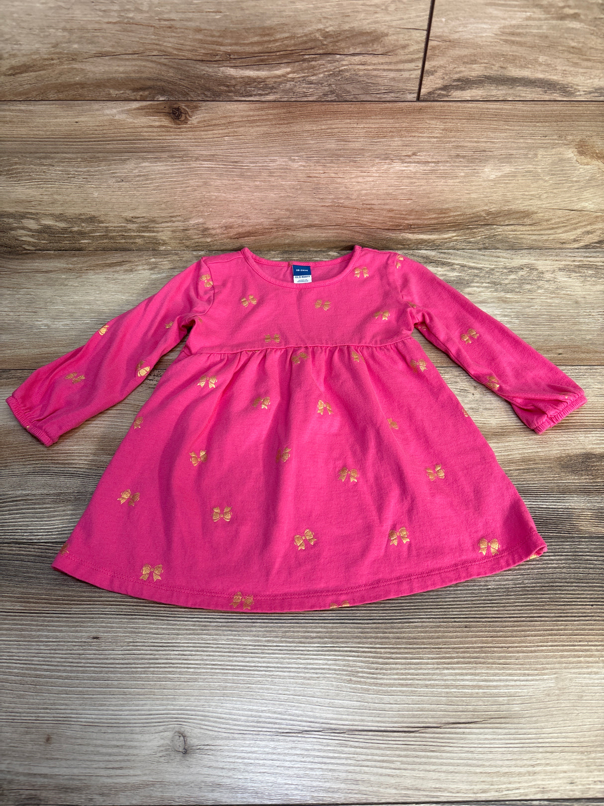 Old Navy Bow Print Long Sleeve Dress Pink sz 18-24m
