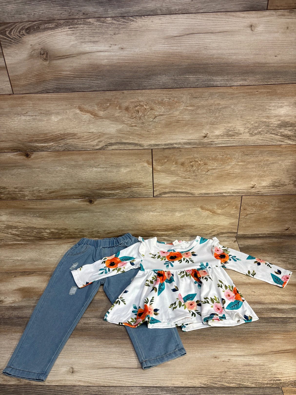 Shein 2pc Floral Top & Chambray Pants White sz 2T