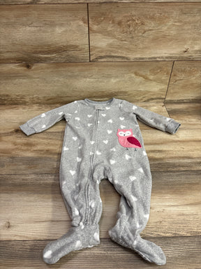 Front view of Carter’s gray blanket sleeper with white hearts, pink owl applique, zipper, and covered feet on a wood floor