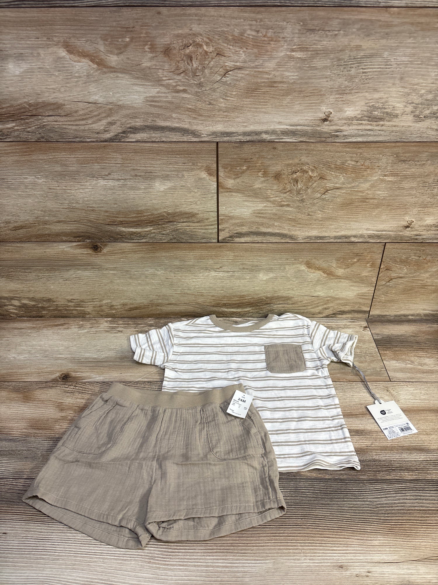 NEW Cloud Island 2Pc Pocket Shirt & Short Set Beige sz 24m
