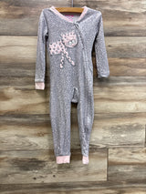 Front view of Penelope Mack grey sleeper (3T) with pink-cuffed leopard applique and grey spot print on wood background