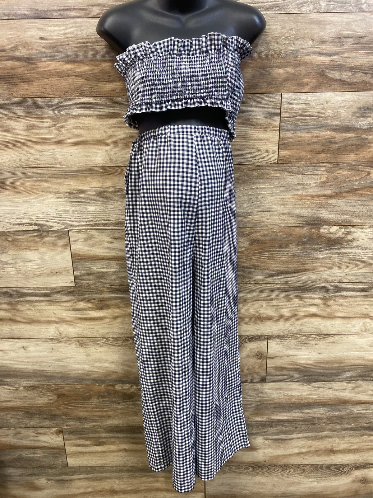 Shein Maternity 2pc Gingham Smocked Top & Pants Set Grey sz Large