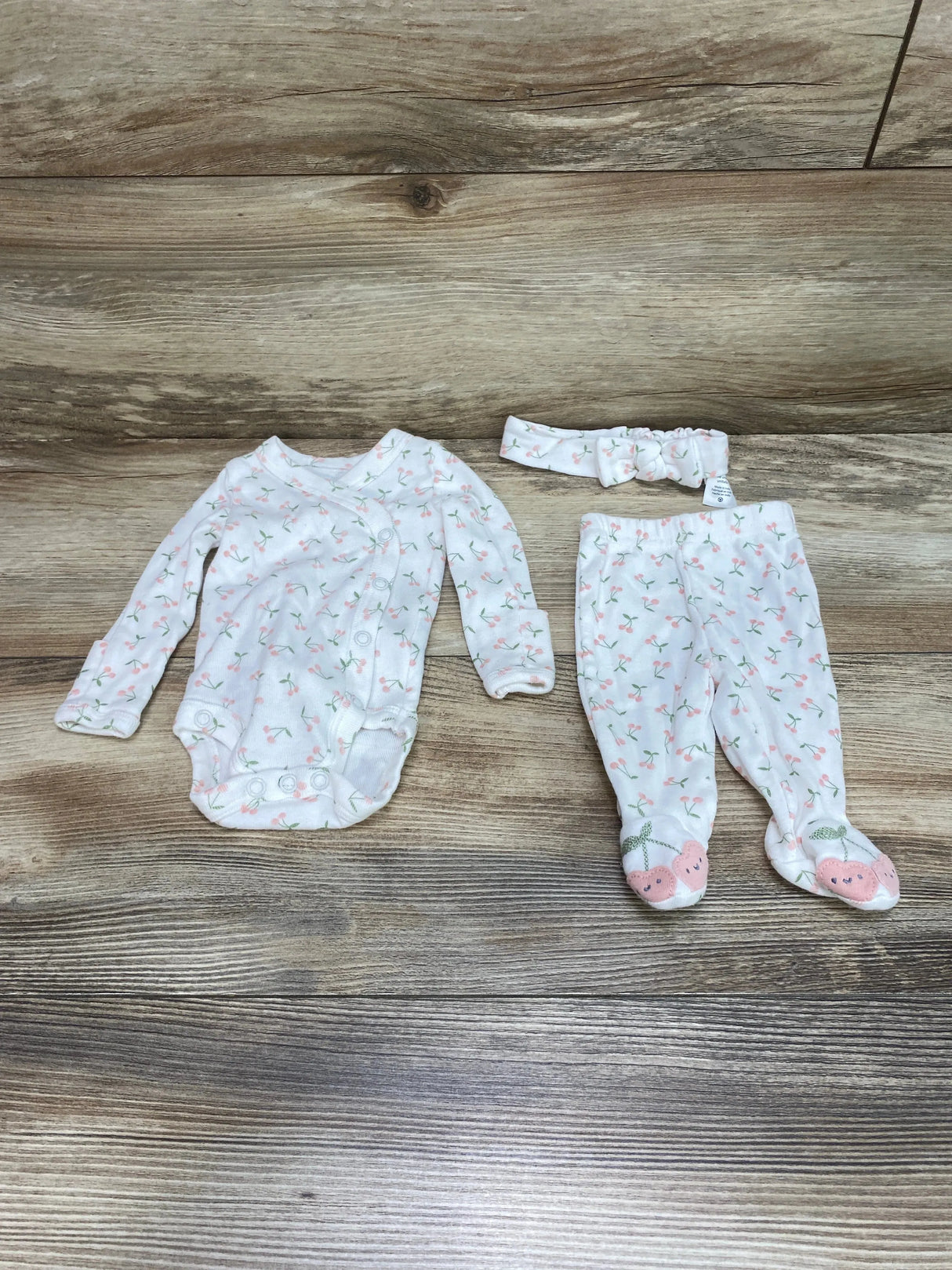 Just One You 3pc Cherry Print Kimono Bodysuit Set White sz Preemie