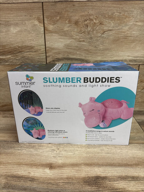 Front view of Summer Infant Slumber Buddies pink hippo soother box showcasing soothing sounds and light show on wood background