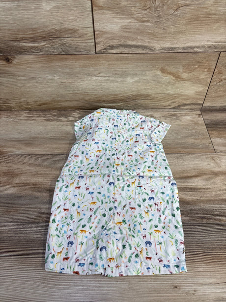 Back view of Janie & Jack white shortie romper showing multicolored jungle animal print and short sleeves on wood floor background