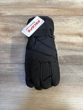 Black kids winter glove with tag on wood background, insulated snow mitten