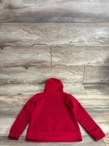 Back view of red Jordan pullover hoodie size 4T showing hood and ribbed cuffs on wood plank background