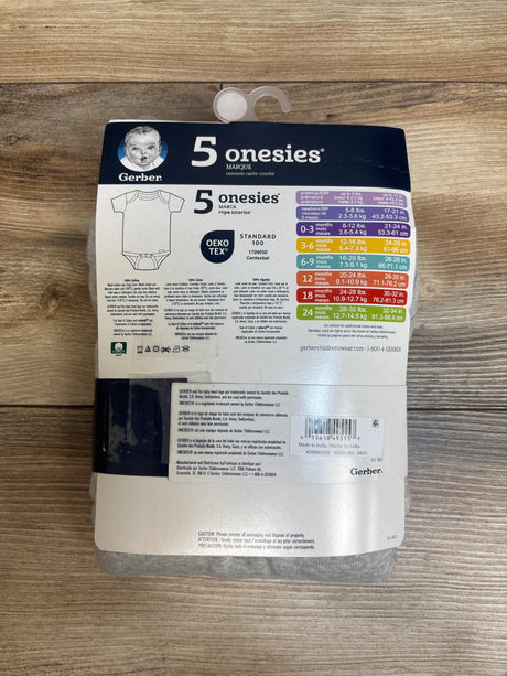 Back view of Gerber 5-pack grey bodysuit set showing size chart and packaging on a wood surface