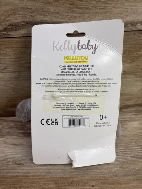 Back view of KellyBaby 10 inch My First Bear showcasing the grey plush body behind cardboard packaging