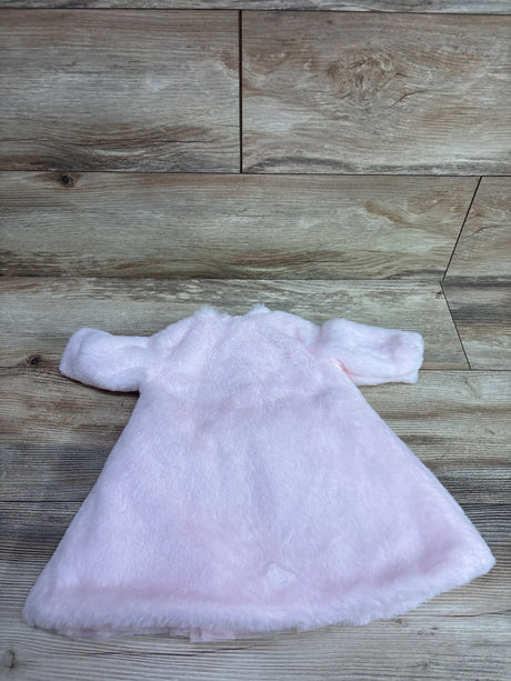 Front view of pink faux fur coat from the Blueberi Boulevard set, showcasing long sleeves and flared hem on a wood floor